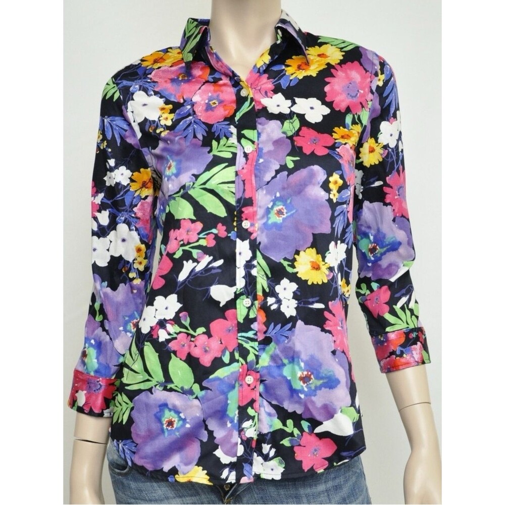 Ralph Lauren Floral Button Up Shirt 1X 100% Cotton 3/4 Sleeve Classic Blouse